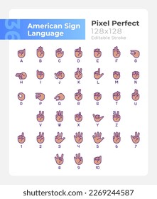 American sign language pixel perfect RGB color icons set. Communication. Isolated vector illustrations. Simple filled line drawings collection. Editable stroke. Montserrat Bold, Light fonts used