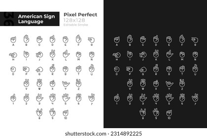 American sign language pixel perfect linear icons set for dark, light mode. Thin line symbols for night, day theme. Isolated illustrations. Editable stroke. Montserrat Bold, Light fonts used