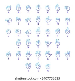 American sign language pixel perfect gradient linear vector icons set. Communication system. Dealing with deafness. Thin line contour symbol designs bundle. Isolated outline illustrations collection