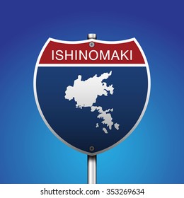 American sign road Style
An Sign Road Japan with blue background and message, Ishinomaki and map, vector art image illustration