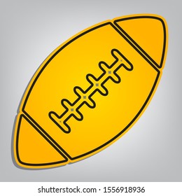American simple football ball. Flat orange icon with overlapping linear black icon with gray shadow at whitish background. Illustration.