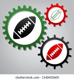 American simple football ball. Vector. Three connected gears with icons at grayish background.