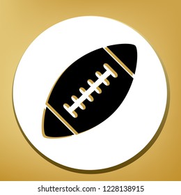 American simple football ball. Vector. Black icon with light brown shadow in white circle with shaped ring at golden background.