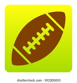 American simple football ball. Vector. Brown icon at green-yellow gradient square with rounded corners on white background. Isolated.