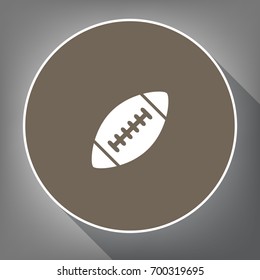 American simple football ball. Vector. White icon on brown circle with white contour and long shadow at gray background. Like top view on postament.