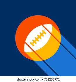 American simple football ball. Vector. White icon on tangelo circle with infinite shadow of light at cool black background. Selective yellow and bright navy blue are produced.