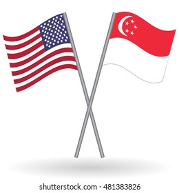 American and Singapore crossed flags. United States of America combined with Singapore isolated on white. Language learning, international business or travel concept.