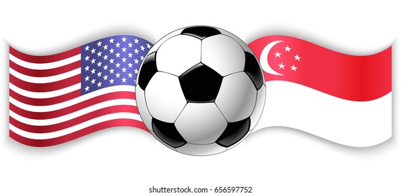 American and Singaporean wavy flags with football ball. United States of America combined with Singapore isolated on white. Football match or international sport competition concept.