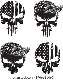 American Skull Paket mit US-Flagge und Grunge Style Schwarz-Weiß Vektorgrafik