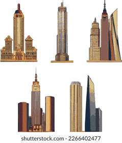 American Skyscrapers Set Of Vector Icons Separated On White. Handmade vector art.