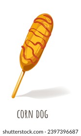 American snack covered in ketchup, corn dog. Isolated sausage on stick, coated in layer of cornmeal batter and deep fried. Popular treat for fairs, carnivals, and snack stands. Vector in flat style