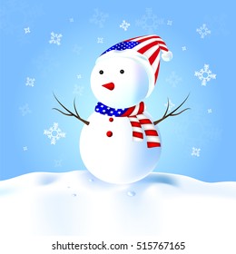 American Snowman with hat, scarf, snow
