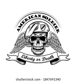 American soldier in beret vector illustration. Skull with wings and liberty or death text. Military or army concept for emblems or tattoo templates