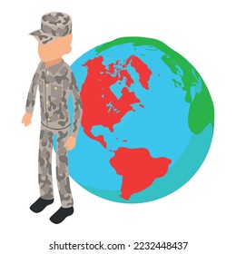 American soldier icon isometric vector. Soldier on mainland america background. Patriotic american military serviceman