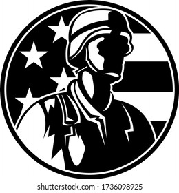 American Soldier Military Serviceman Looking Side USA Stars and Stripes Flag Circle Retro Black and White