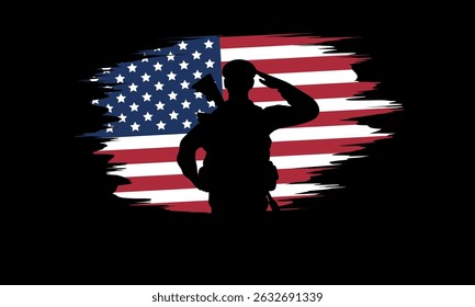 American Soldier Saluting in Front of Grunge USA Flag – Patriotic Military Vector Illustration