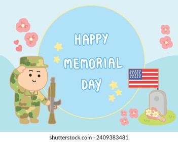  An American soldier saluting while holding a gun. Cartoon style illustration.