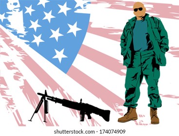 Soldado estadounidense con uniforme y bandera