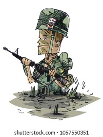 American soldier in the Vietnamese war. Vector illustration isolated on white background 