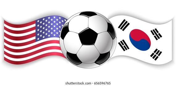 American and South Korean wavy flags with football ball. United States of America combined with South Korea isolated on white. Football match or international sport competition concept.