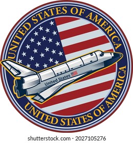 American space craft on the USA flag. Concept art poster dedicated to US space program.