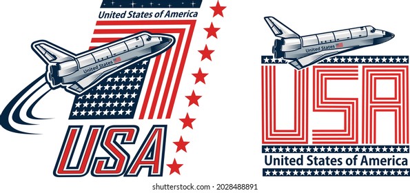 American space craft on the USA flag. Concept art poster dedicated to US space program.