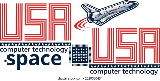American space craft on the USA flag. Concept art poster dedicated to US space program.
