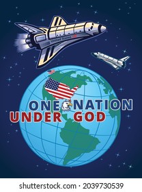 American space craft on the USA flag. Concept art poster dedicated to US space program.