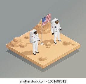American space exploration mission isometric composition with astronauts in spacesuits on planet surface with flag vector illustration 