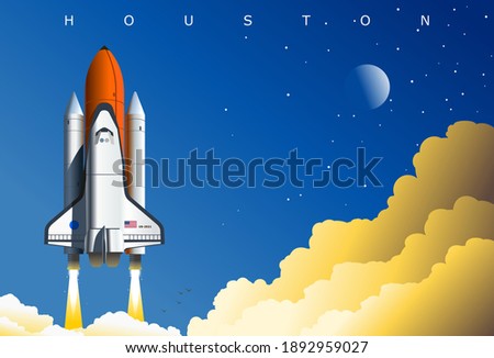 American space shuttle launch, symbolic illustration, Houston, TX, USA. Concept art poster dedicated to space exploration and the US space program.