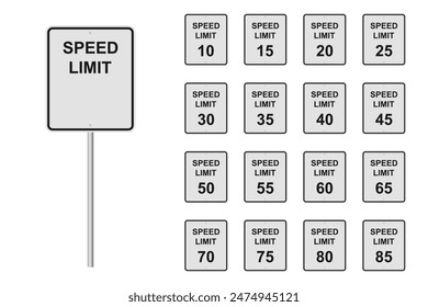 American speed limit road sign. Traffic sign with 40, 50, 60 75 and more speed limits. Vertical standard road sign with text and number, popular in the US. Traffic sign template. Vector set