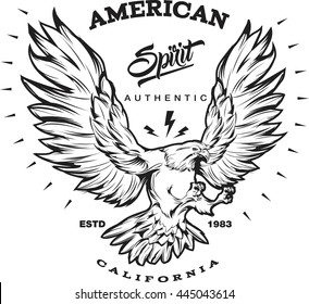 American spirit monochrome emblem with portrait of eagle during flight or landing lightning sign rays vector illustration