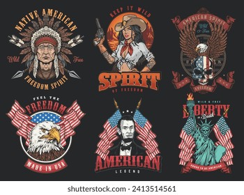American spirit vintage set stickers colorful native USA resident and eagles with national flags or portrait of Lincoln vector illustration