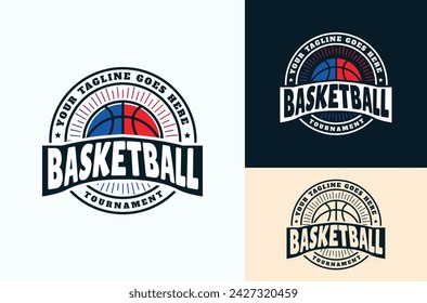 American Sport Basketball Vintage Retro Club Emblem. Basketball with red and blue reflections, tournament, design template