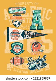 American sporting  kids college athletic department cute vintage vector print children wear with applique patches collection grunge effect in separate layers