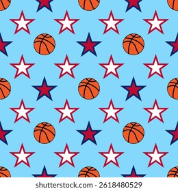 American sports basketball seamless pattern with stars on a blue background