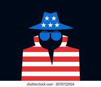 American spy is doing espionage - surveillance and control made by US. Intelliegence agency and secret police in the country. Vector illustration.