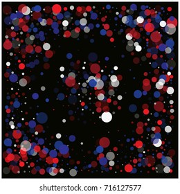 American square vector background, festive pattern with flying, falling red, blue, white circles in colors of the United States' flag. Independence Day banner or poster with bright bokeh confetti.