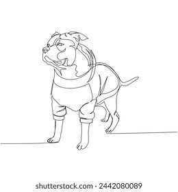 American Staffordshire Terrier, AmStaff, staffy in clothes, hoodie for dogs, dog breed, companion dog one line art. Continuous line drawing of friend, dog, doggy, care, pet, animal, family, canine.