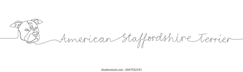 American Staffordshire Terrier, AmStaff, staffy, dog breed, companion dog one line art. Continuous line drawing of friend, doggy, pet, animal, family, canine with inscription, lettering, handwritten.