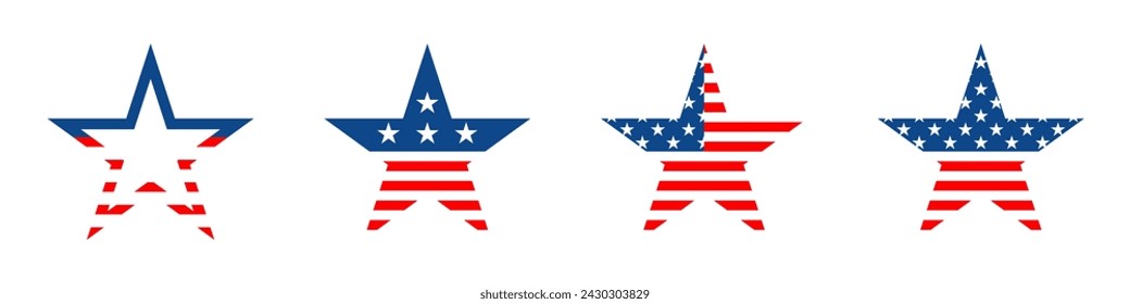 American star icon set. Star with american flag. Star USA flag icons