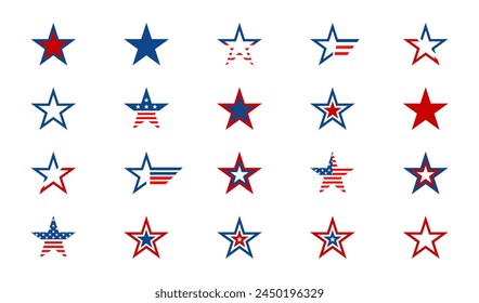 American star icon set. Star with american flag. Star USA flag icons