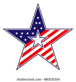 American star sign. Blue and red icon, isolated on white background. Patriotic object. Vintage graphics. National design element. Symbol of 4th july, patriotism, democracy. Vector illustration