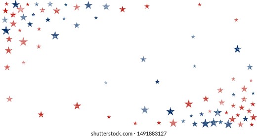 American stars confetti with grunge texture. Vector Illustration for Celebration Holiday, a blue and red stars sparkles isolated on white. USA banner backdrop borders 