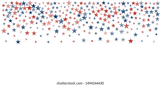 American stars confetti with grunge texture. Vector Illustration for Celebration Holiday, a blue and red stars sparkles isolated on white. USA banner backdrop borders 