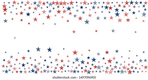 American stars confetti with grunge texture. Vector Illustration for Celebration Holiday, a blue and red stars sparkles isolated on white. USA banner backdrop borders 