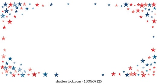American stars confetti with grunge texture. Vector Illustration for Celebration Holiday, a blue and red stars sparkles isolated on white. USA banner backdrop borders 