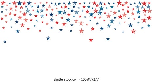 American stars confetti with grunge texture. Vector Illustration for Celebration Holiday, a blue and red stars sparkles isolated on white. USA banner backdrop borders 