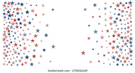 American stars confetti with grunge texture. Vector Illustration for Celebration Holiday, a blue and red stars sparkles isolated on white. USA banner backdrop top and down borders