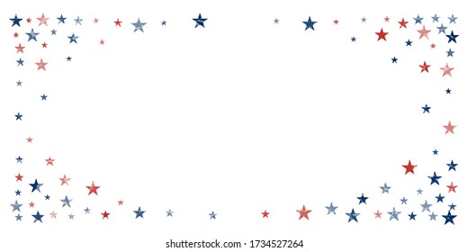 American stars confetti with grunge texture. Vector Illustration for Celebration Holiday, a blue and red stars sparkles isolated on white. USA banner backdrop top and down borders